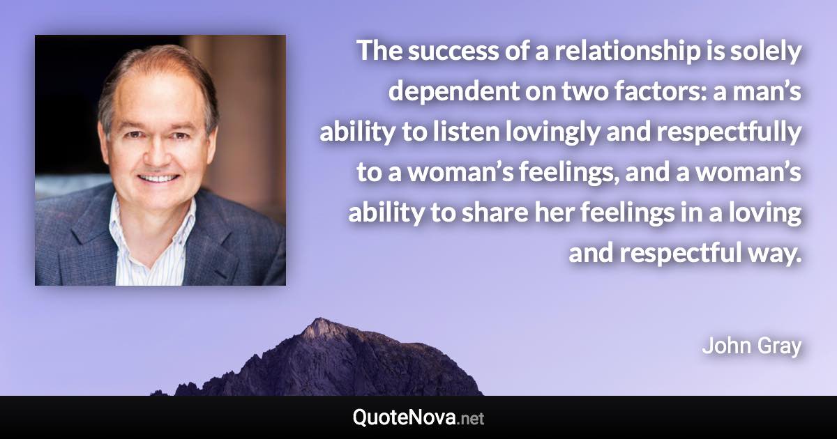 The success of a relationship is solely dependent on two factors: a man’s ability to listen lovingly and respectfully to a woman’s feelings, and a woman’s ability to share her feelings in a loving and respectful way. - John Gray quote