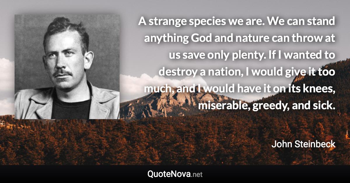 A strange species we are. We can stand anything God and nature can throw at us save only plenty. If I wanted to destroy a nation, I would give it too much, and I would have it on its knees, miserable, greedy, and sick. - John Steinbeck quote