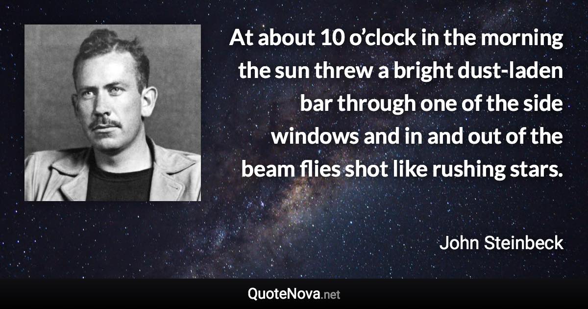 At about 10 o’clock in the morning the sun threw a bright dust-laden bar through one of the side windows and in and out of the beam flies shot like rushing stars. - John Steinbeck quote