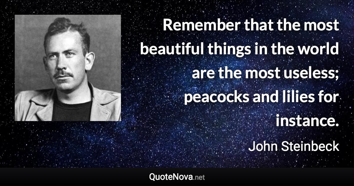 Remember that the most beautiful things in the world are the most useless; peacocks and lilies for instance. - John Steinbeck quote