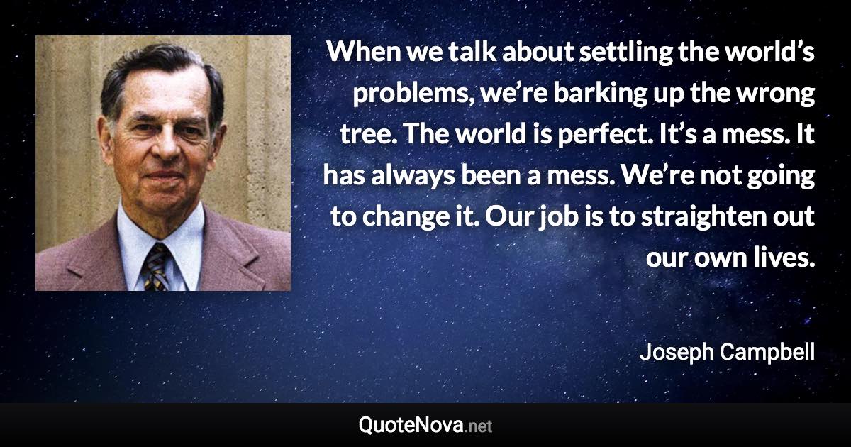 When we talk about settling the world’s problems, we’re barking up the wrong tree. The world is perfect. It’s a mess. It has always been a mess. We’re not going to change it. Our job is to straighten out our own lives. - Joseph Campbell quote