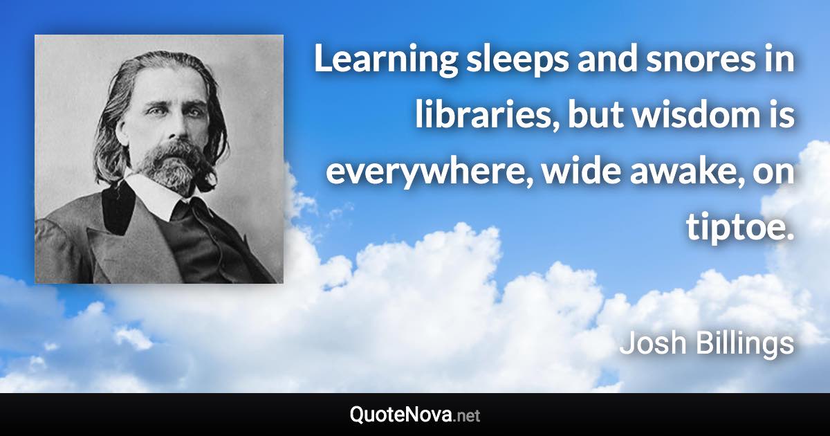 Learning sleeps and snores in libraries, but wisdom is everywhere, wide awake, on tiptoe. - Josh Billings quote