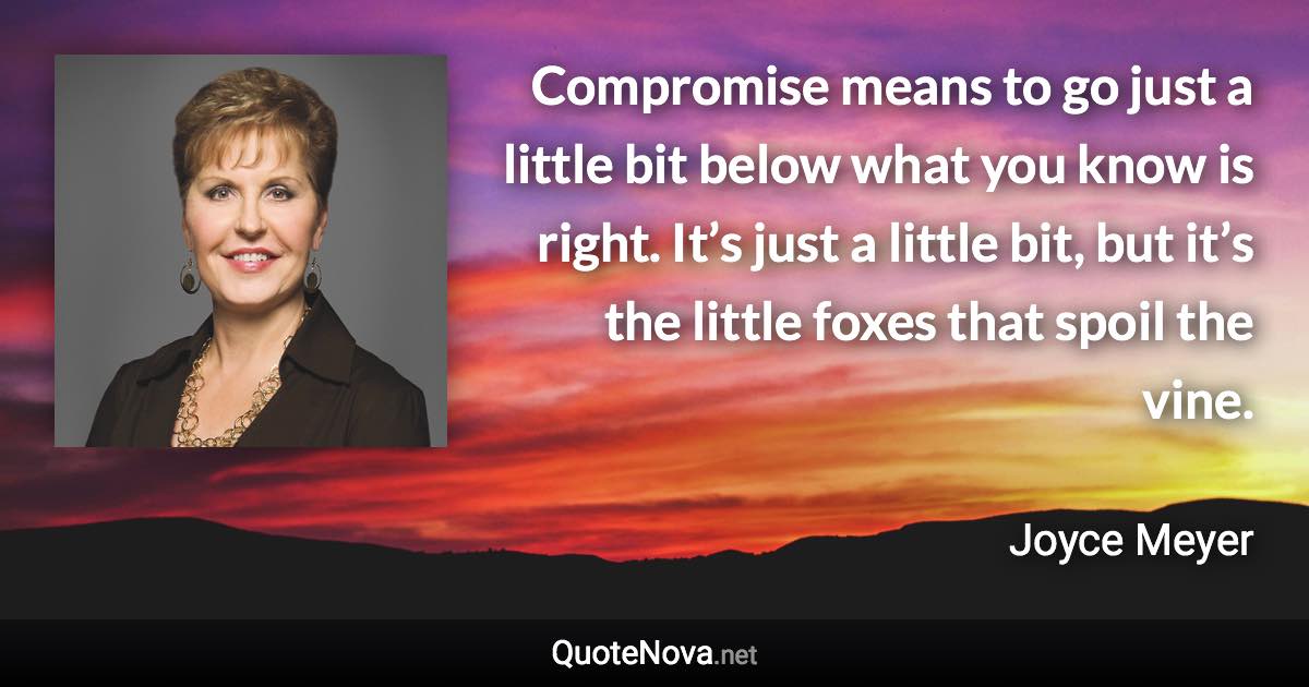 Compromise means to go just a little bit below what you know is right. It’s just a little bit, but it’s the little foxes that spoil the vine. - Joyce Meyer quote