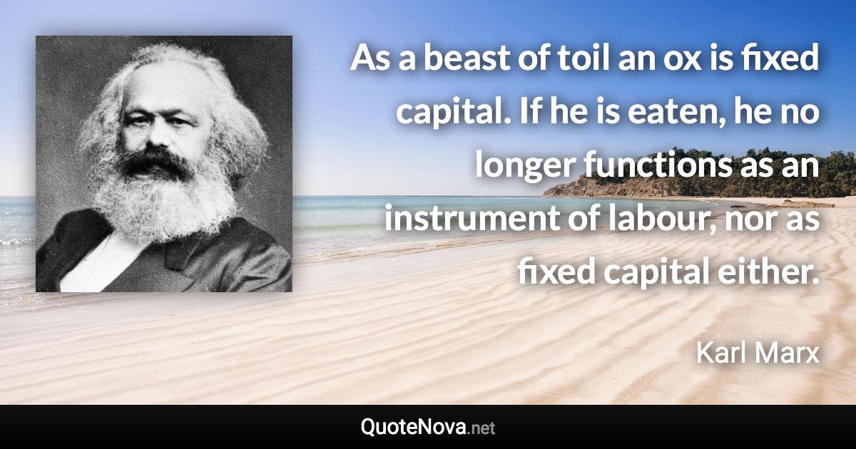 As a beast of toil an ox is fixed capital. If he is eaten, he no longer functions as an instrument of labour, nor as fixed capital either. - Karl Marx quote