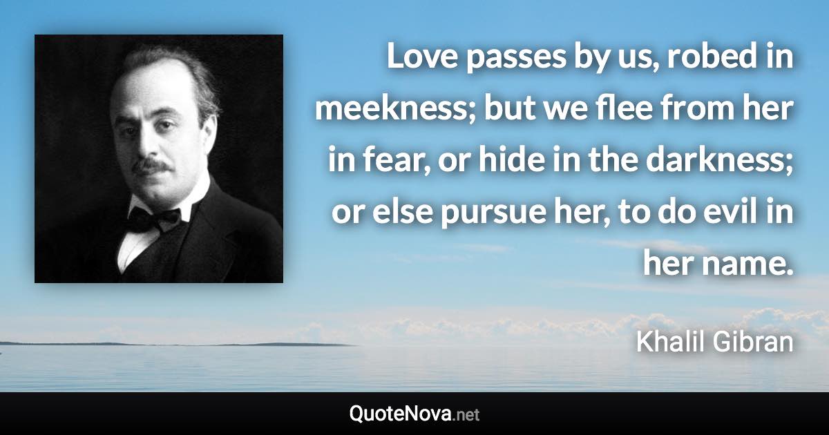 Love passes by us, robed in meekness; but we flee from her in fear, or hide in the darkness; or else pursue her, to do evil in her name. - Khalil Gibran quote