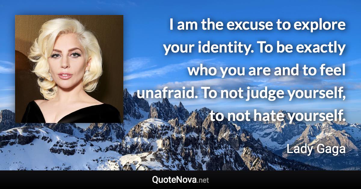 I am the excuse to explore your identity. To be exactly who you are and to feel unafraid. To not judge yourself, to not hate yourself. - Lady Gaga quote