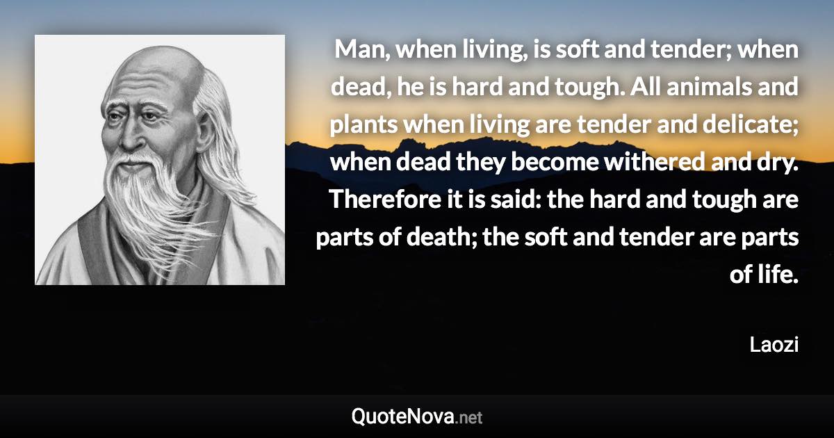 Man, when living, is soft and tender; when dead, he is hard and tough. All animals and plants when living are tender and delicate; when dead they become withered and dry. Therefore it is said: the hard and tough are parts of death; the soft and tender are parts of life. - Laozi quote