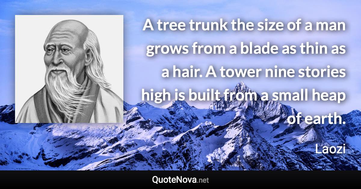 A tree trunk the size of a man grows from a blade as thin as a hair. A tower nine stories high is built from a small heap of earth. - Laozi quote