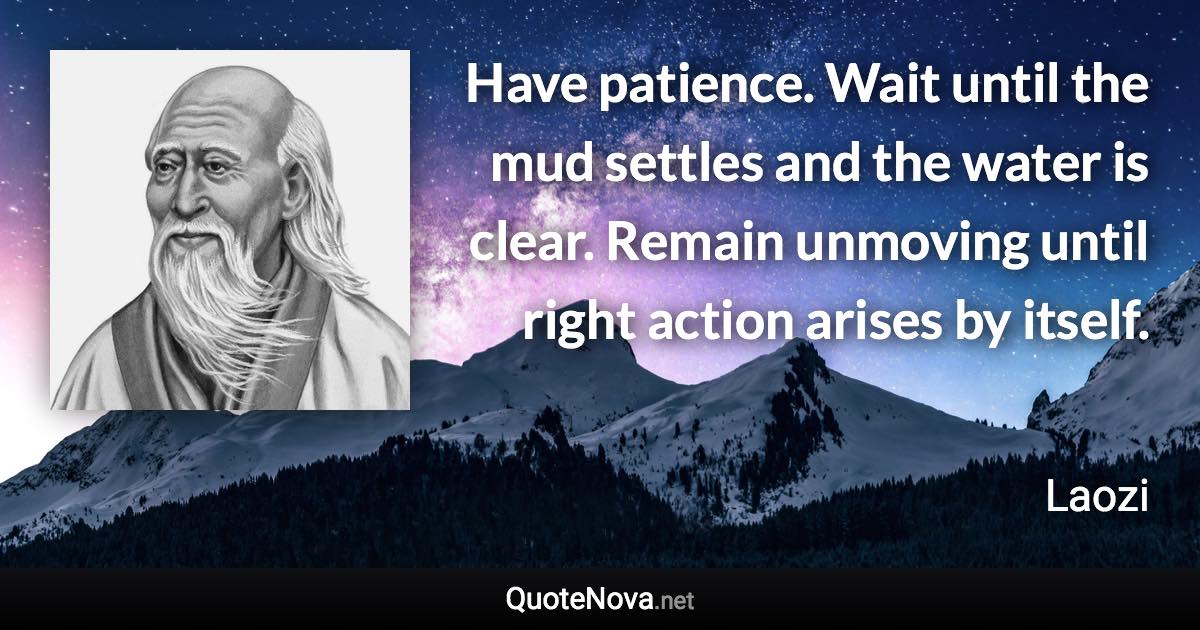 Have patience. Wait until the mud settles and the water is clear. Remain unmoving until right action arises by itself. - Laozi quote