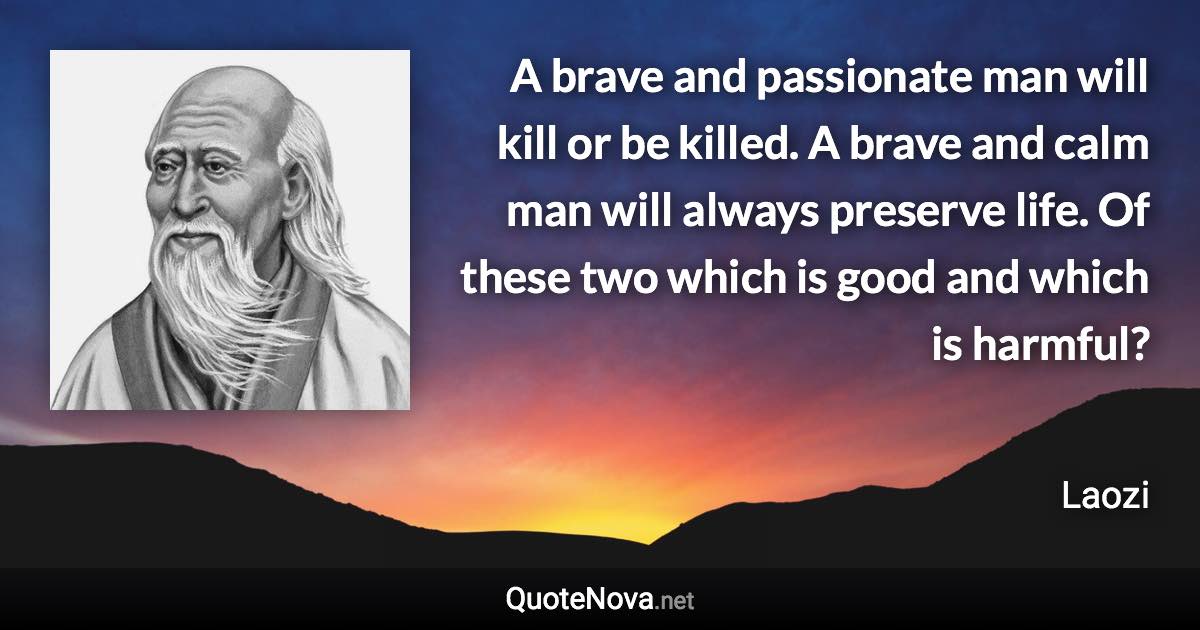 A brave and passionate man will kill or be killed. A brave and calm man will always preserve life. Of these two which is good and which is harmful? - Laozi quote