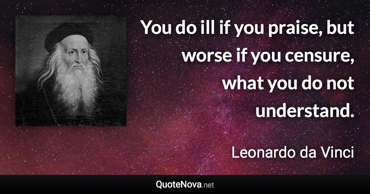 You do ill if you praise, but worse if you censure, what you do not understand. - Leonardo da Vinci quote