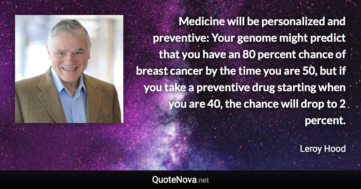 Medicine will be personalized and preventive: Your genome might predict that you have an 80 percent chance of breast cancer by the time you are 50, but if you take a preventive drug starting when you are 40, the chance will drop to 2 percent. - Leroy Hood quote