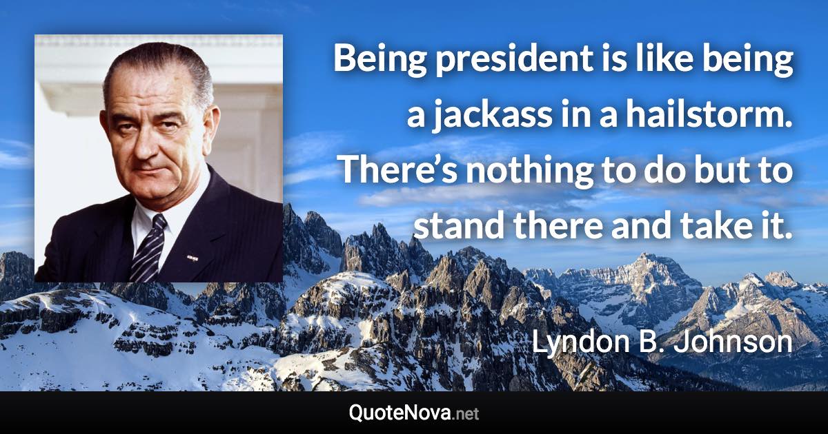 Being president is like being a jackass in a hailstorm. There’s nothing to do but to stand there and take it. - Lyndon B. Johnson quote