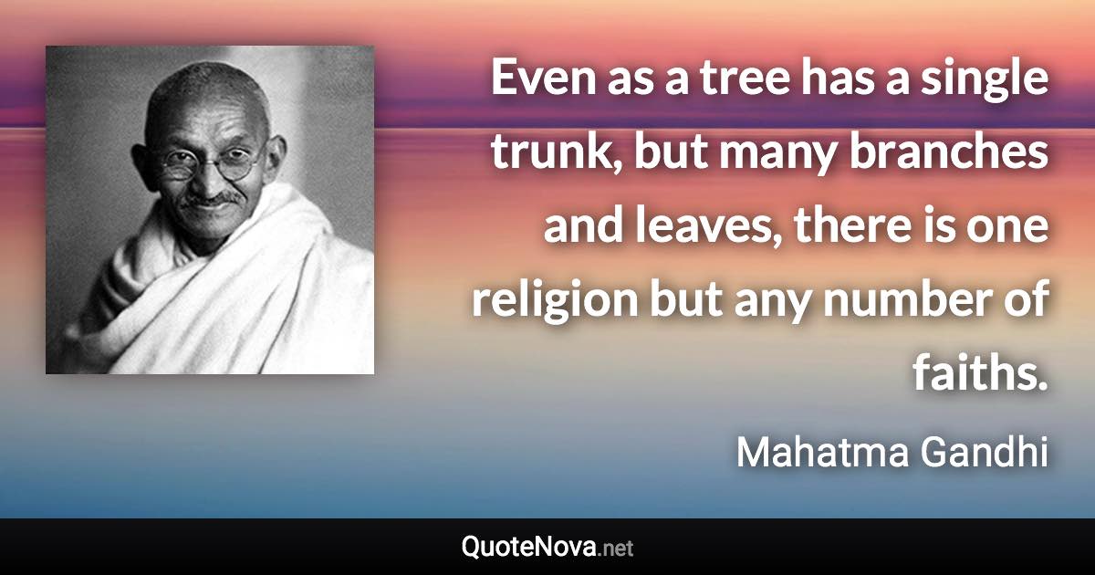 Even as a tree has a single trunk, but many branches and leaves, there is one religion but any number of faiths. - Mahatma Gandhi quote