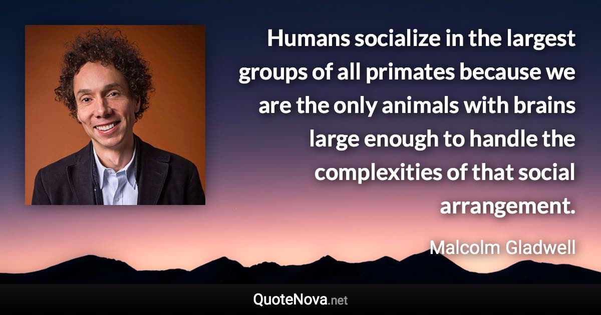 Humans socialize in the largest groups of all primates because we are the only animals with brains large enough to handle the complexities of that social arrangement. - Malcolm Gladwell quote