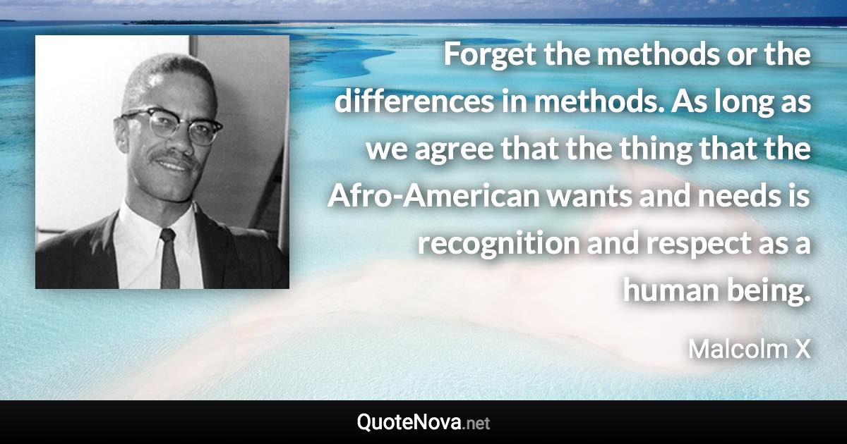 Forget the methods or the differences in methods. As long as we agree that the thing that the Afro-American wants and needs is recognition and respect as a human being. - Malcolm X quote