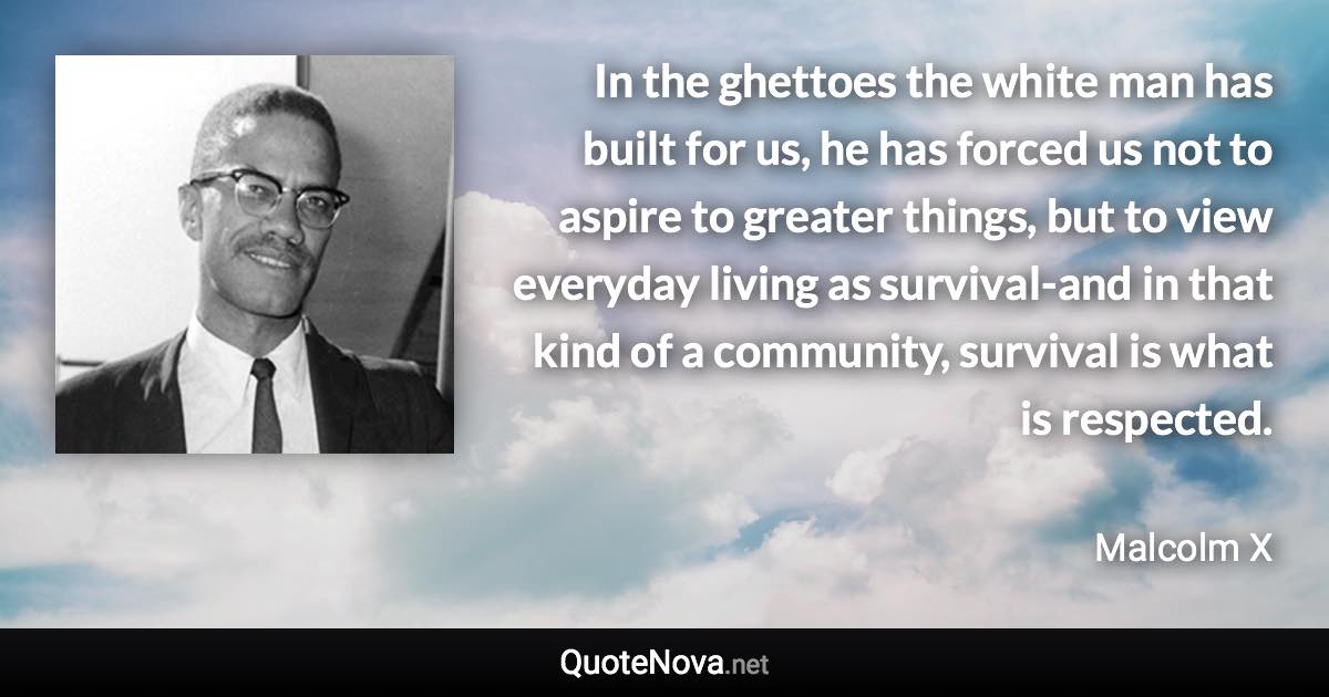 In the ghettoes the white man has built for us, he has forced us not to aspire to greater things, but to view everyday living as survival-and in that kind of a community, survival is what is respected. - Malcolm X quote