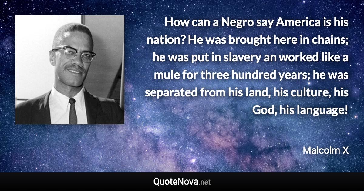 How can a Negro say America is his nation? He was brought here in chains; he was put in slavery an worked like a mule for three hundred years; he was separated from his land, his culture, his God, his language! - Malcolm X quote