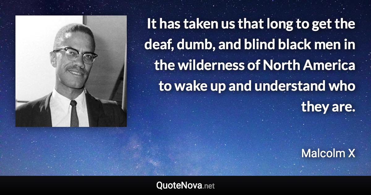 It has taken us that long to get the deaf, dumb, and blind black men in the wilderness of North America to wake up and understand who they are. - Malcolm X quote