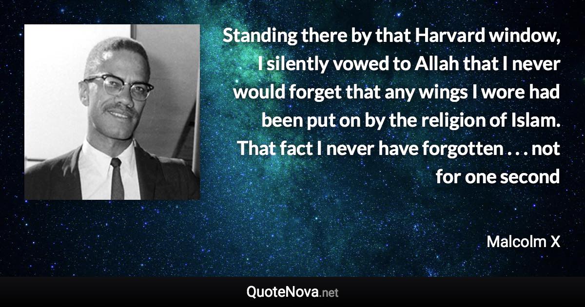 Standing there by that Harvard window, I silently vowed to Allah that I never would forget that any wings I wore had been put on by the religion of Islam. That fact I never have forgotten . . . not for one second - Malcolm X quote