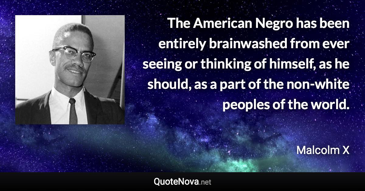 The American Negro has been entirely brainwashed from ever seeing or thinking of himself, as he should, as a part of the non-white peoples of the world. - Malcolm X quote