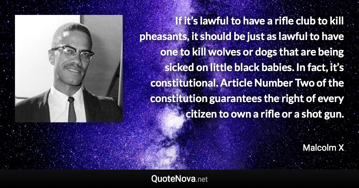 If it’s lawful to have a rifle club to kill pheasants, it should be just as lawful to have one to kill wolves or dogs that are being sicked on little black babies. In fact, it’s constitutional. Article Number Two of the constitution guarantees the right of every citizen to own a rifle or a shot gun. - Malcolm X quote