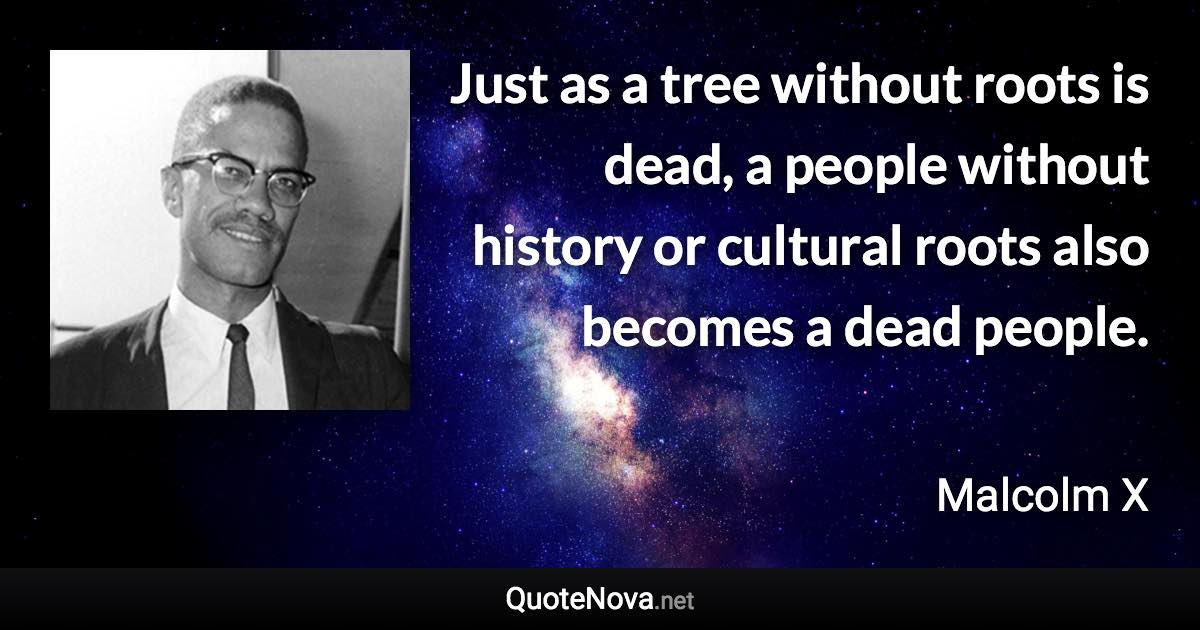 Just as a tree without roots is dead, a people without history or cultural roots also becomes a dead people. - Malcolm X quote