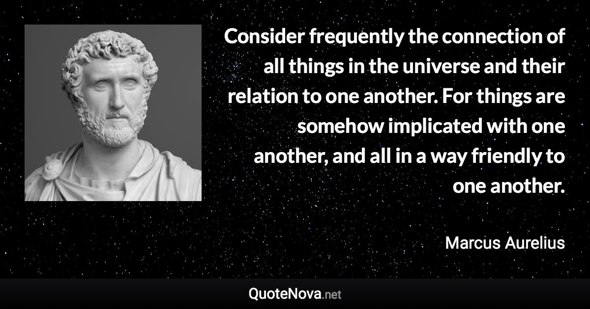 Consider frequently the connection of all things in the universe and their relation to one another. For things are somehow implicated with one another, and all in a way friendly to one another. - Marcus Aurelius quote