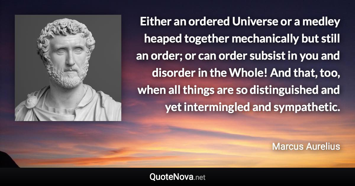 Either an ordered Universe or a medley heaped together mechanically but still an order; or can order subsist in you and disorder in the Whole! And that, too, when all things are so distinguished and yet intermingled and sympathetic. - Marcus Aurelius quote