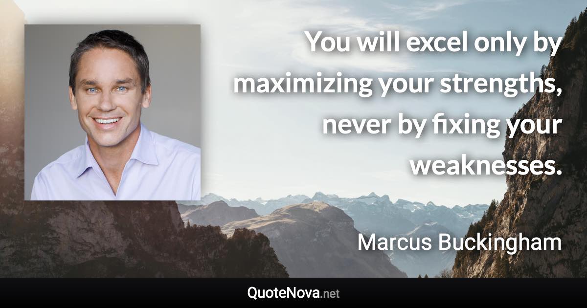 You will excel only by maximizing your strengths, never by fixing your weaknesses. - Marcus Buckingham quote