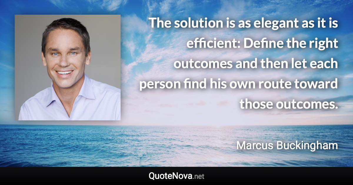 The solution is as elegant as it is efficient: Define the right outcomes and then let each person find his own route toward those outcomes. - Marcus Buckingham quote