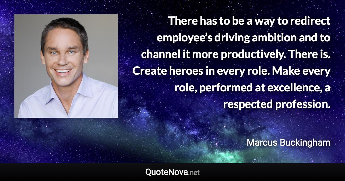 There has to be a way to redirect employee’s driving ambition and to channel it more productively. There is. Create heroes in every role. Make every role, performed at excellence, a respected profession. - Marcus Buckingham quote