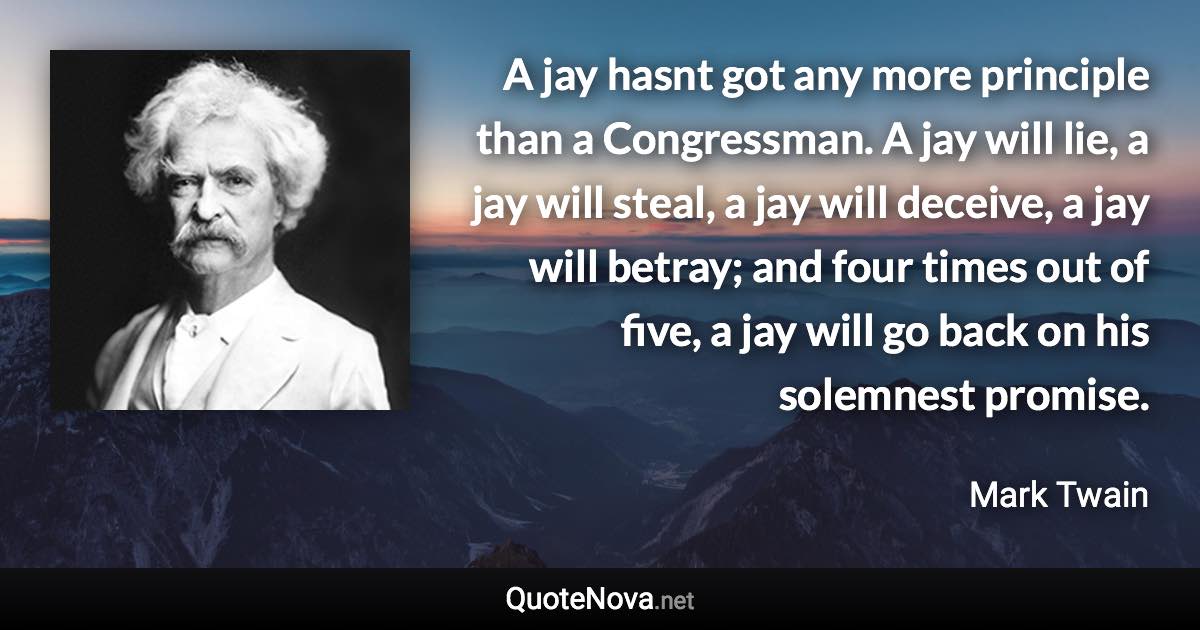 A jay hasnt got any more principle than a Congressman. A jay will lie, a jay will steal, a jay will deceive, a jay will betray; and four times out of five, a jay will go back on his solemnest promise. - Mark Twain quote