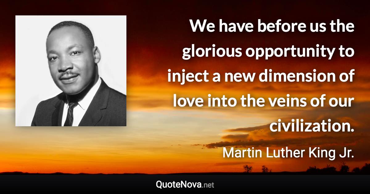 We have before us the glorious opportunity to inject a new dimension of love into the veins of our civilization. - Martin Luther King Jr. quote