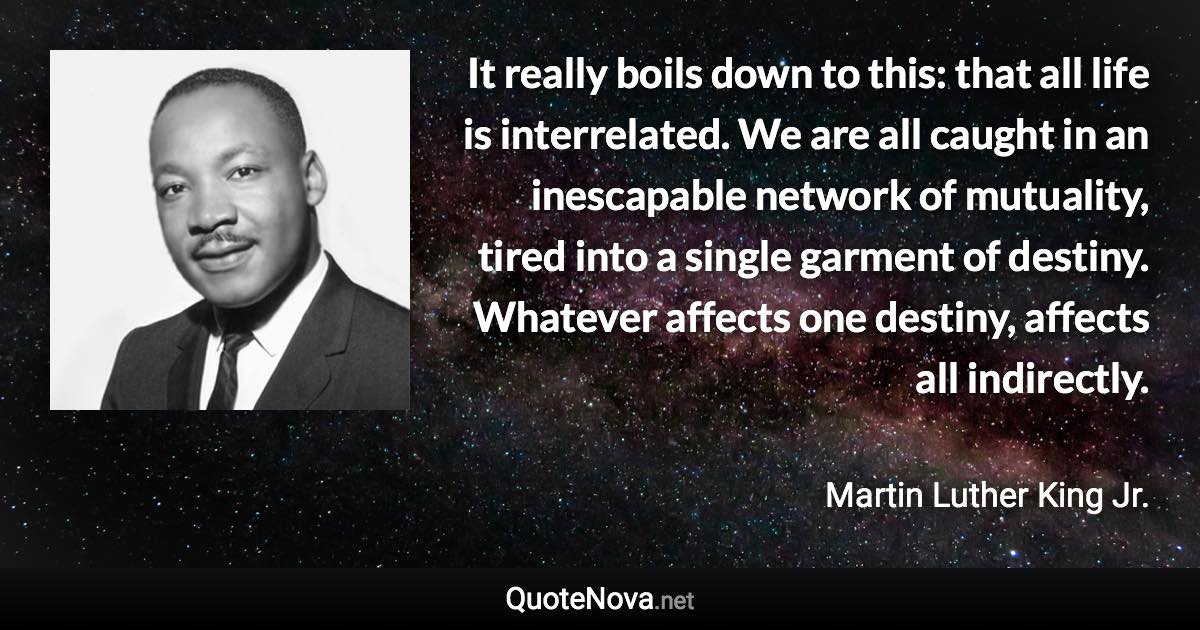 It really boils down to this: that all life is interrelated. We are all caught in an inescapable network of mutuality, tired into a single garment of destiny. Whatever affects one destiny, affects all indirectly. - Martin Luther King Jr. quote