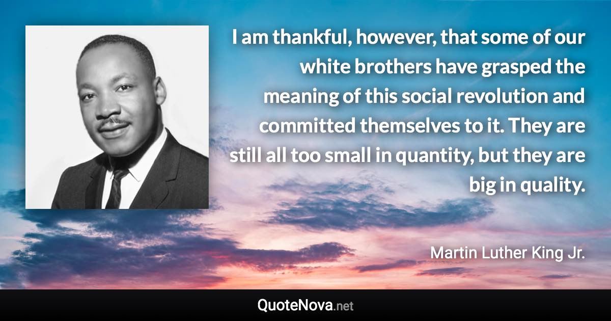 I am thankful, however, that some of our white brothers have grasped the meaning of this social revolution and committed themselves to it. They are still all too small in quantity, but they are big in quality. - Martin Luther King Jr. quote