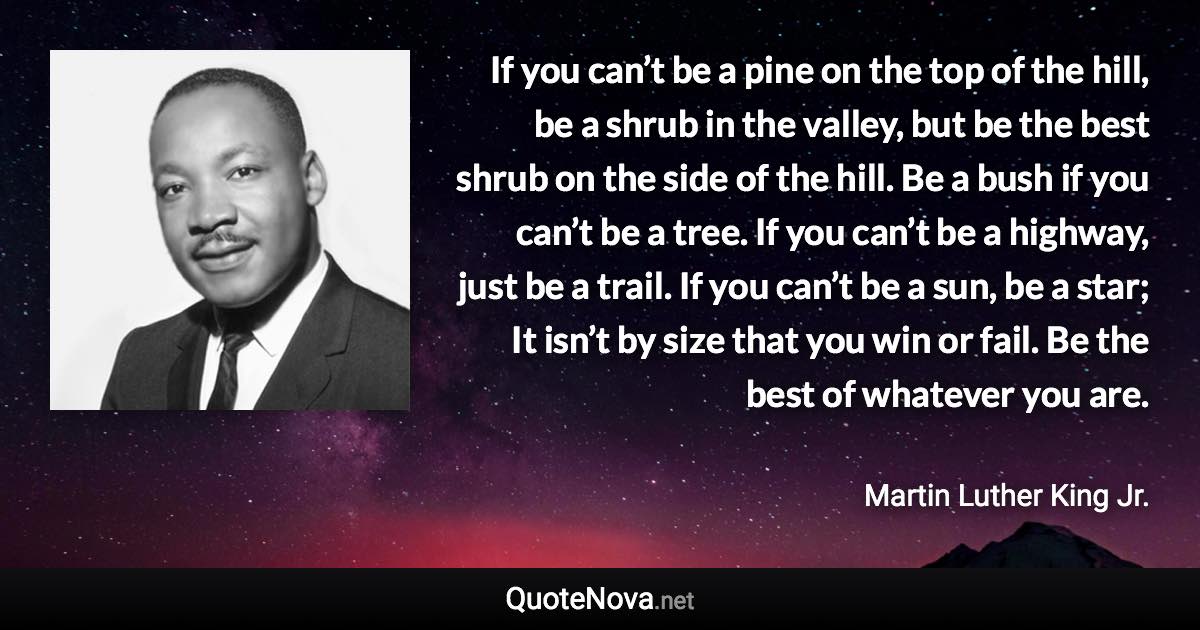 If you can’t be a pine on the top of the hill, be a shrub in the valley, but be the best shrub on the side of the hill. Be a bush if you can’t be a tree. If you can’t be a highway, just be a trail. If you can’t be a sun, be a star; It isn’t by size that you win or fail. Be the best of whatever you are. - Martin Luther King Jr. quote