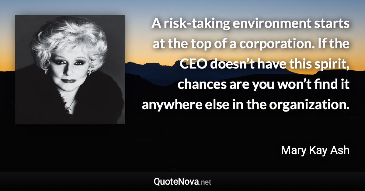 A risk-taking environment starts at the top of a corporation. If the CEO doesn’t have this spirit, chances are you won’t find it anywhere else in the organization. - Mary Kay Ash quote