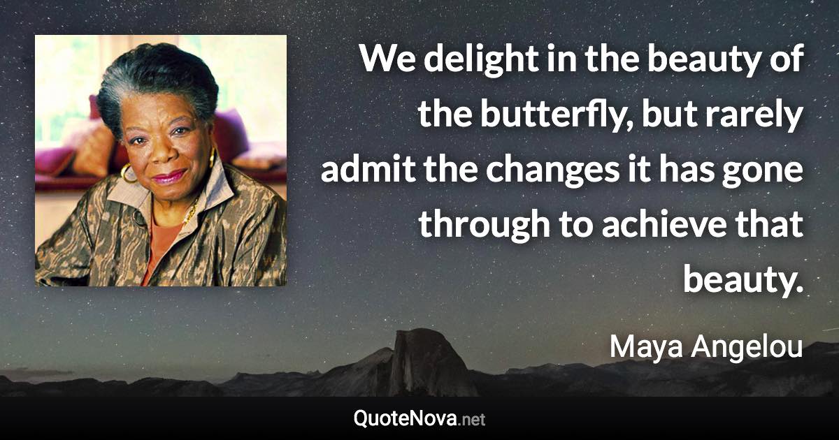 We delight in the beauty of the butterfly, but rarely admit the changes it has gone through to achieve that beauty. - Maya Angelou quote