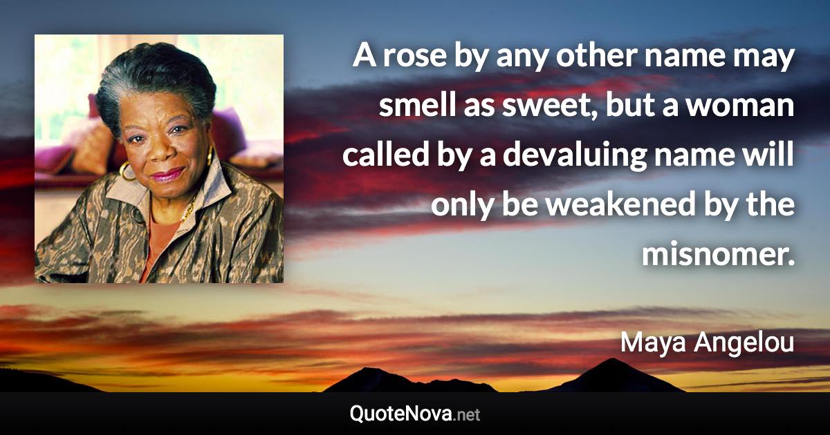 A rose by any other name may smell as sweet, but a woman called by a devaluing name will only be weakened by the misnomer. - Maya Angelou quote