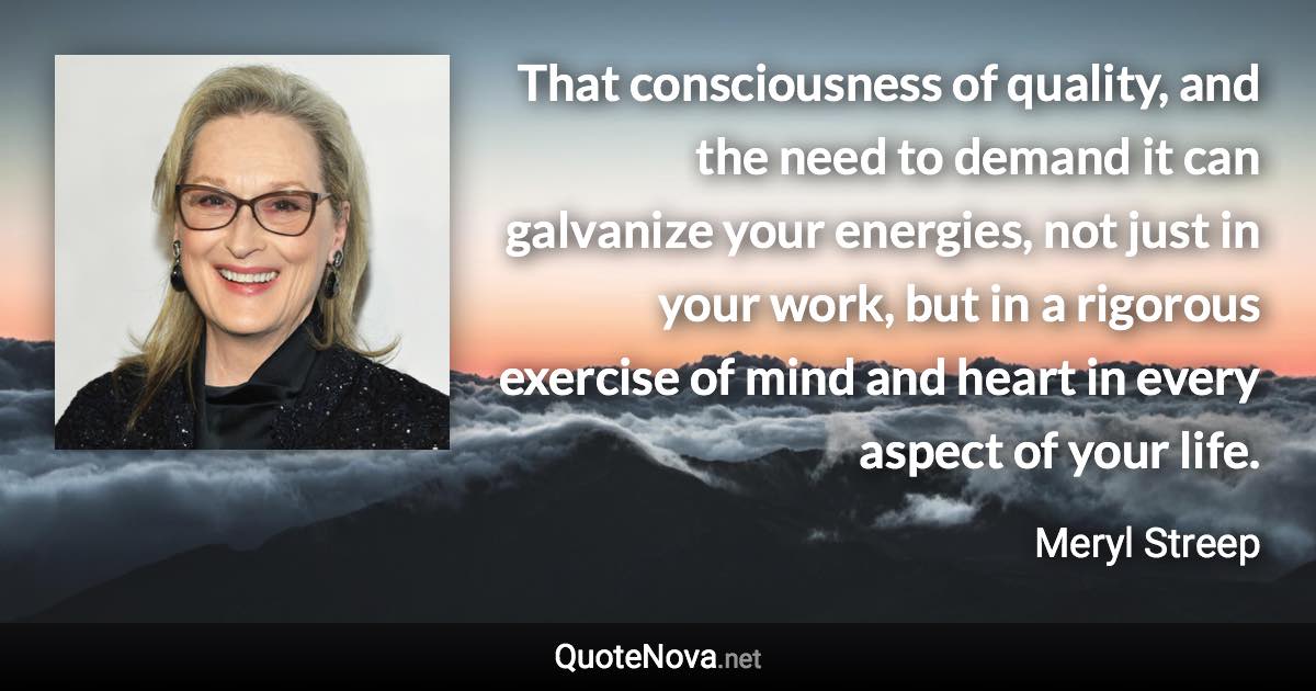 That consciousness of quality, and the need to demand it can galvanize your energies, not just in your work, but in a rigorous exercise of mind and heart in every aspect of your life. - Meryl Streep quote