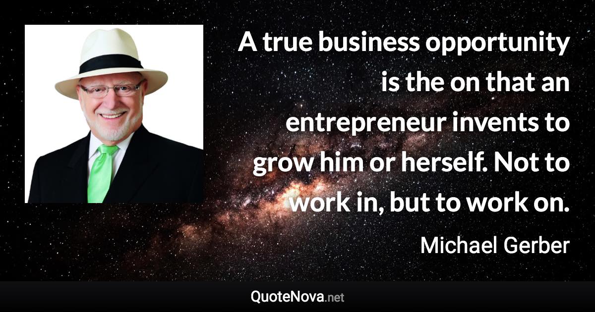 A true business opportunity is the on that an entrepreneur invents to grow him or herself. Not to work in, but to work on. - Michael Gerber quote