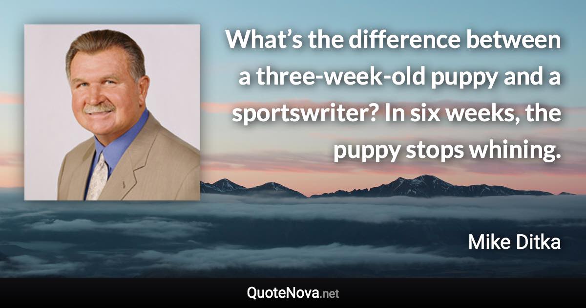 What’s the difference between a three-week-old puppy and a sportswriter? In six weeks, the puppy stops whining. - Mike Ditka quote