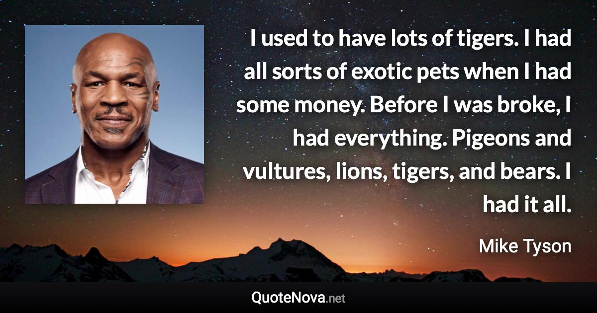 I used to have lots of tigers. I had all sorts of exotic pets when I had some money. Before I was broke, I had everything. Pigeons and vultures, lions, tigers, and bears. I had it all. - Mike Tyson quote