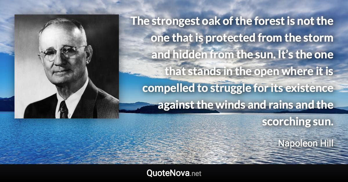 The strongest oak of the forest is not the one that is protected from the storm and hidden from the sun. It’s the one that stands in the open where it is compelled to struggle for its existence against the winds and rains and the scorching sun. - Napoleon Hill quote