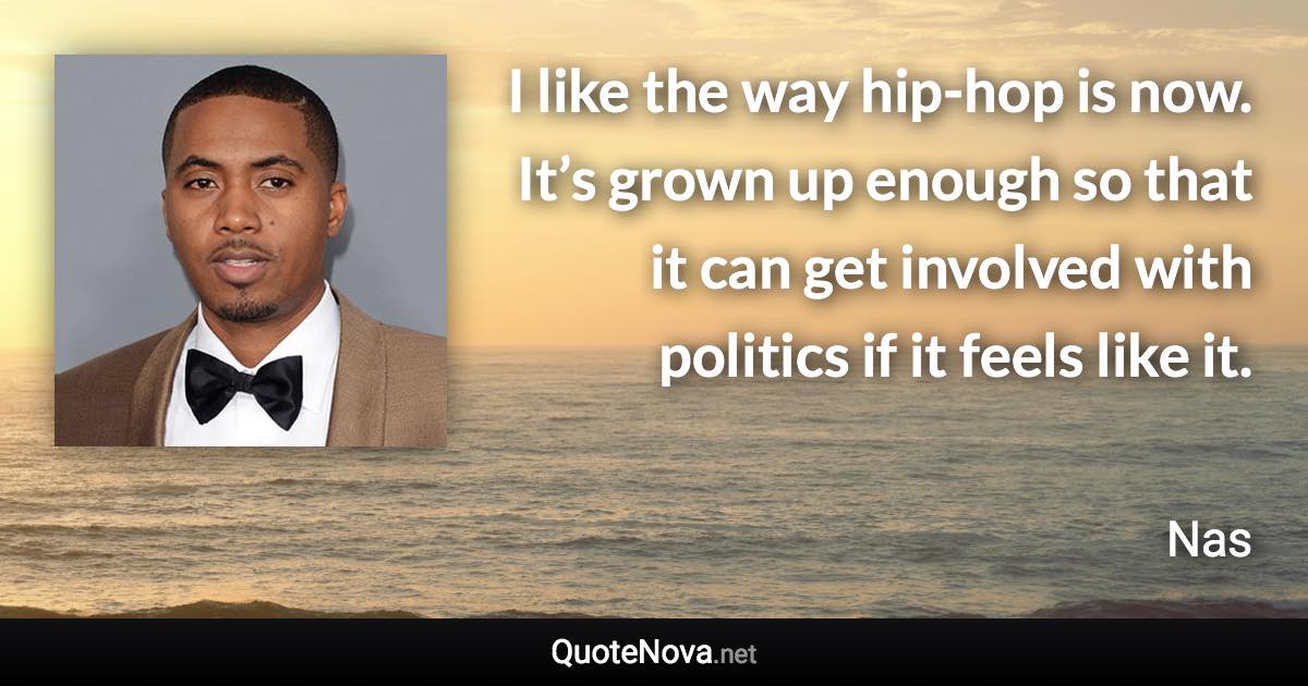 I like the way hip-hop is now. It’s grown up enough so that it can get involved with politics if it feels like it. - Nas quote