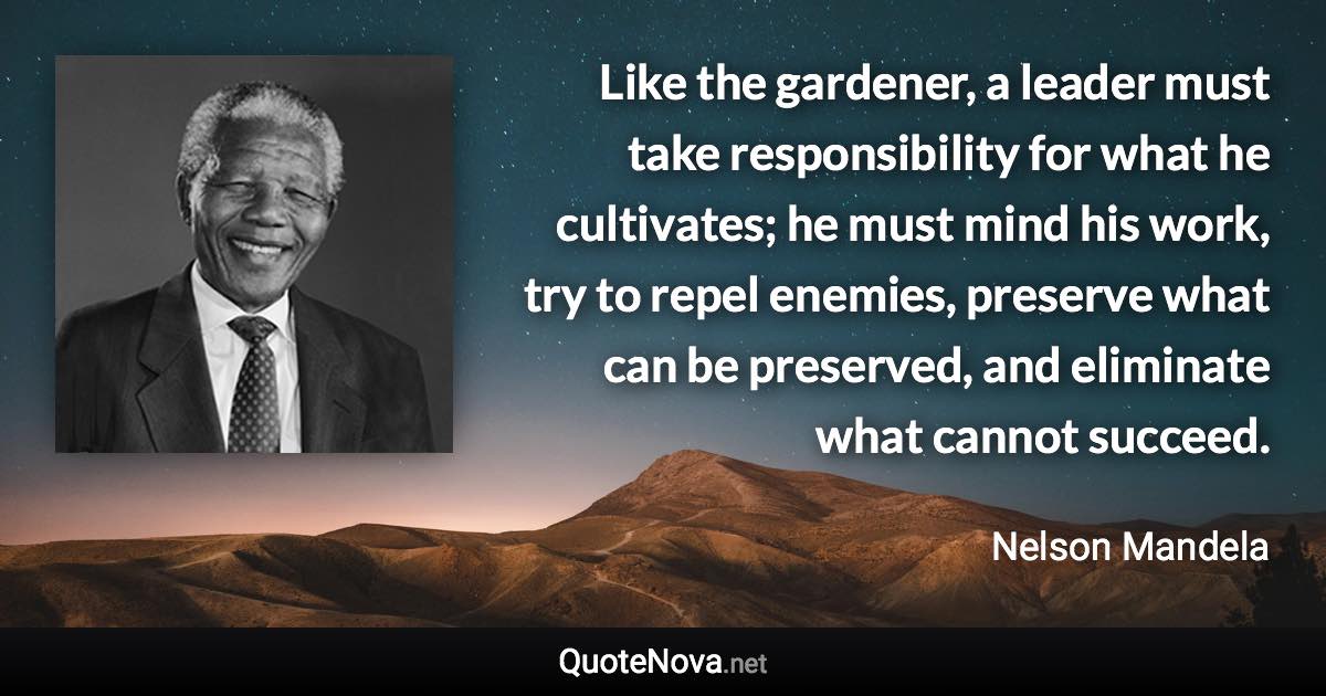 Like the gardener, a leader must take responsibility for what he cultivates; he must mind his work, try to repel enemies, preserve what can be preserved, and eliminate what cannot succeed. - Nelson Mandela quote