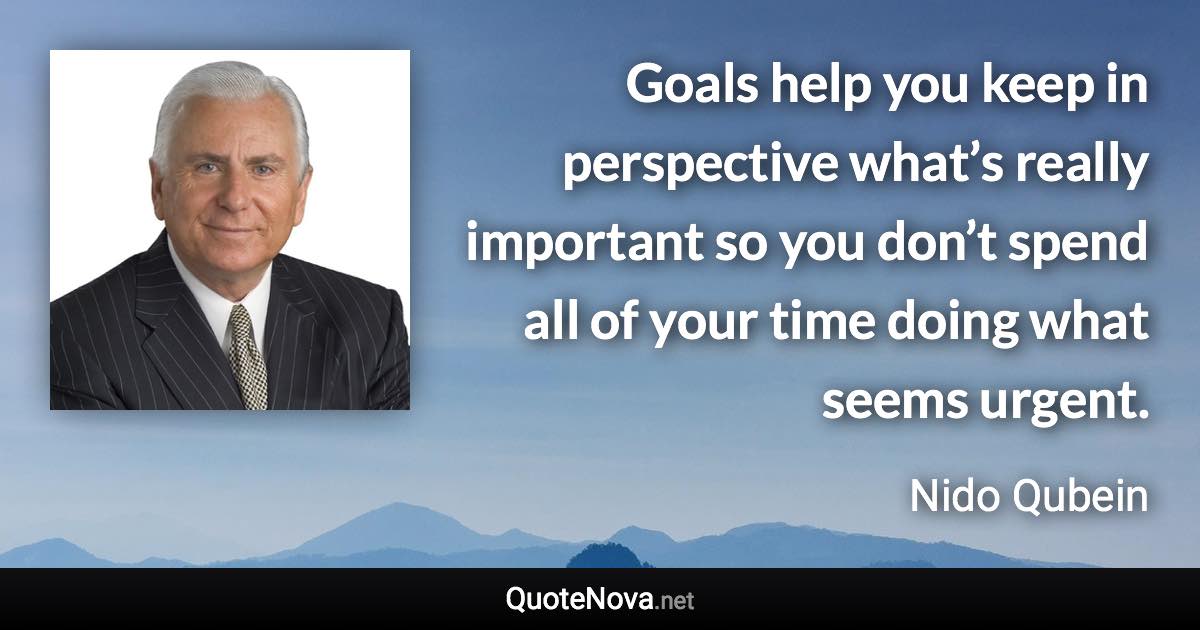 Goals help you keep in perspective what’s really important so you don’t spend all of your time doing what seems urgent. - Nido Qubein quote