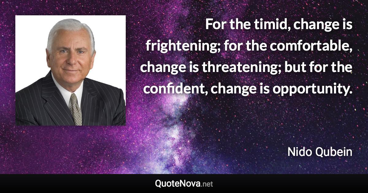 For the timid, change is frightening; for the comfortable, change is threatening; but for the confident, change is opportunity. - Nido Qubein quote