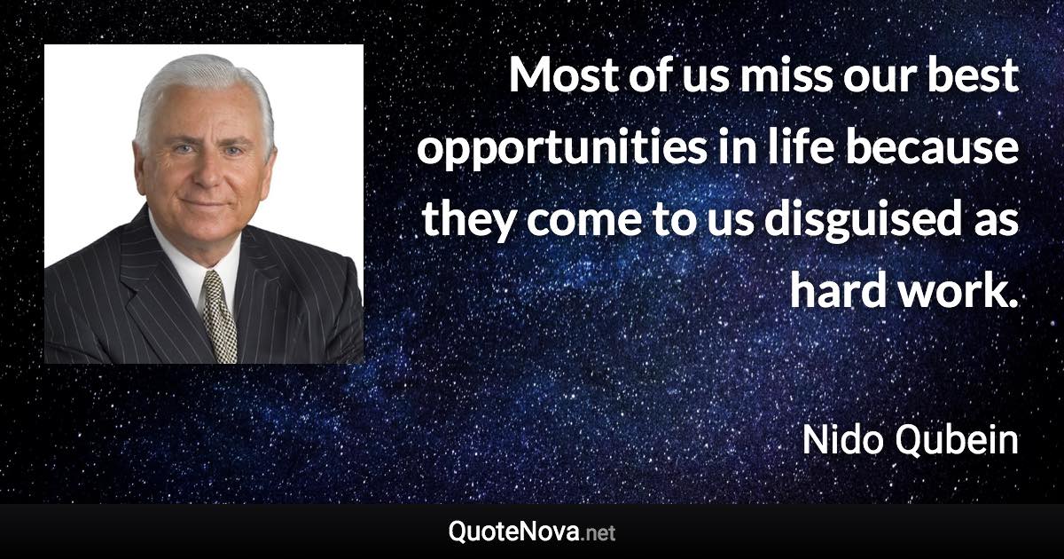 Most of us miss our best opportunities in life because they come to us disguised as hard work. - Nido Qubein quote